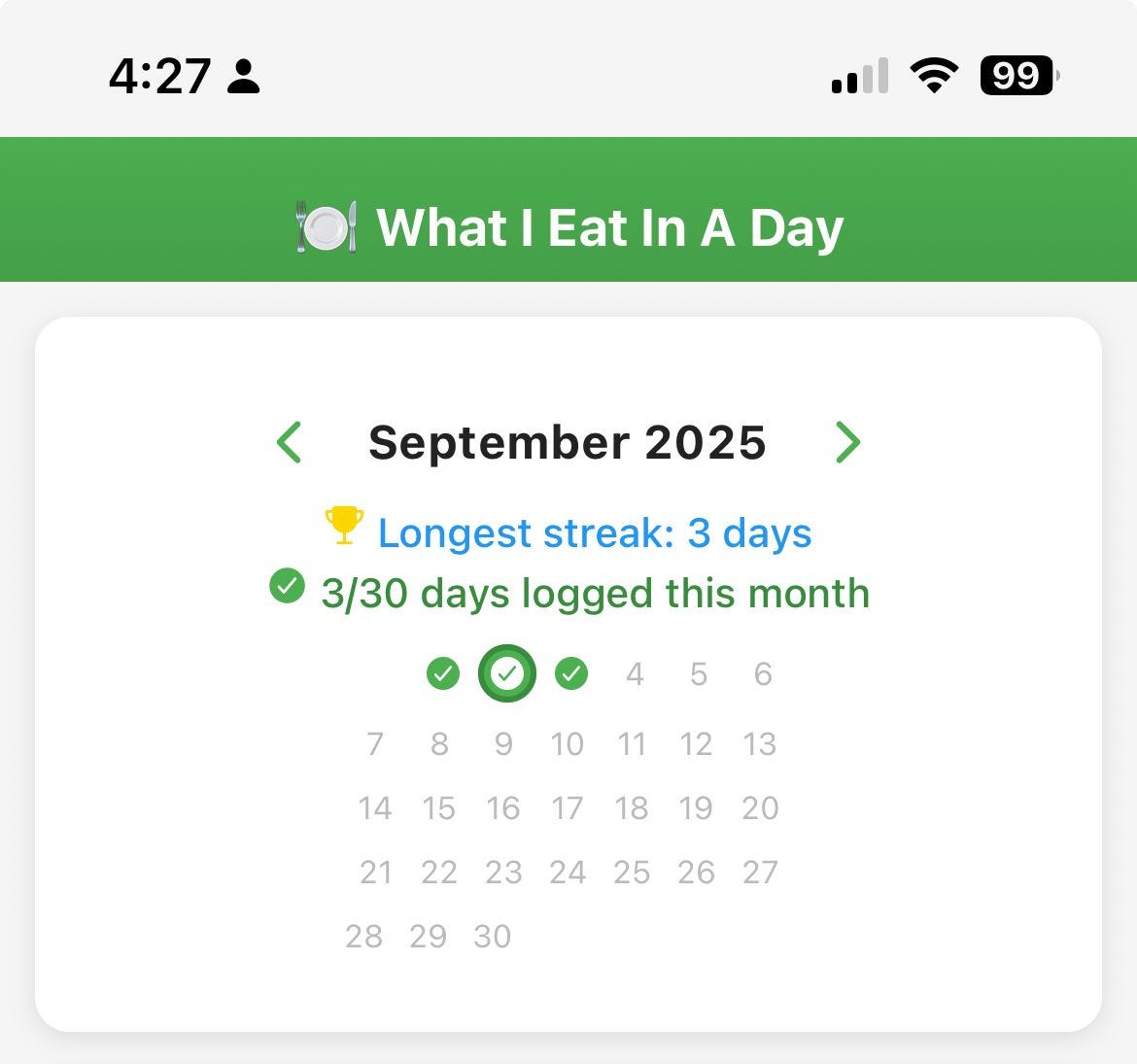 WhatIEatInADay calendar and streak tracker