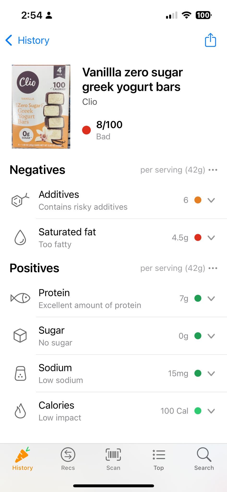 Yuka app showing a poor score for Clio Vanilla Zero Sugar Greek Yogurt Bar
