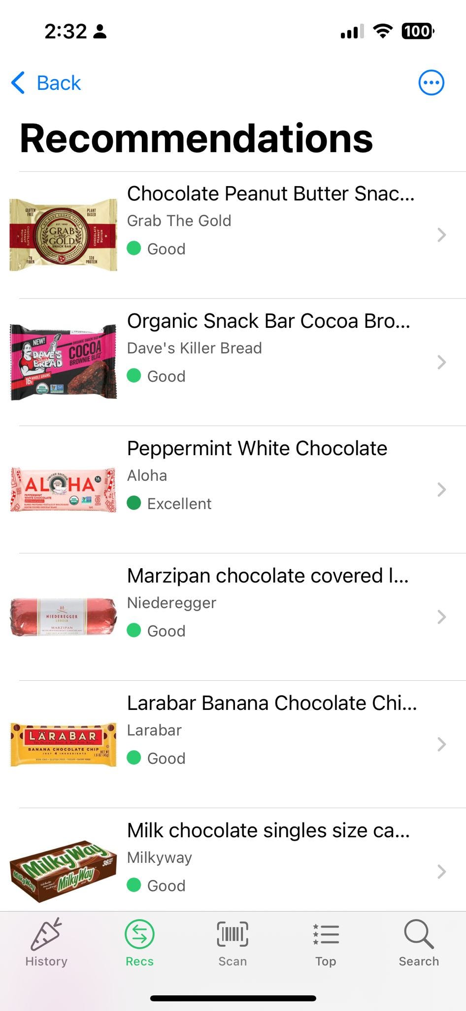 Yuka app suggesting healthier alternative snack bars